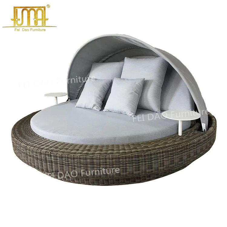 Beach Side PE Rattan Wicker Outdoor Waterproof Bali Daybed With Canopy