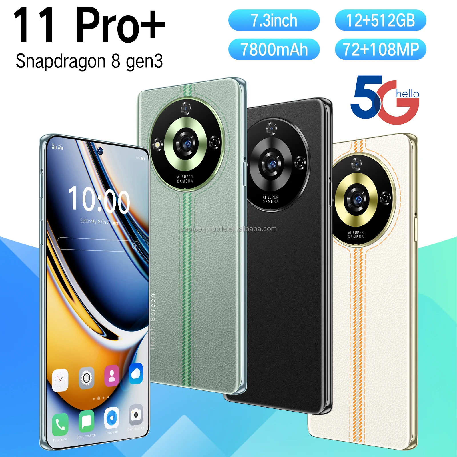 New design Cross-Border 11 Pro+ Android 8-Core 12+512G Mobile Phone 7.3 Inch 108MP HD Large Screen  5G smartphone