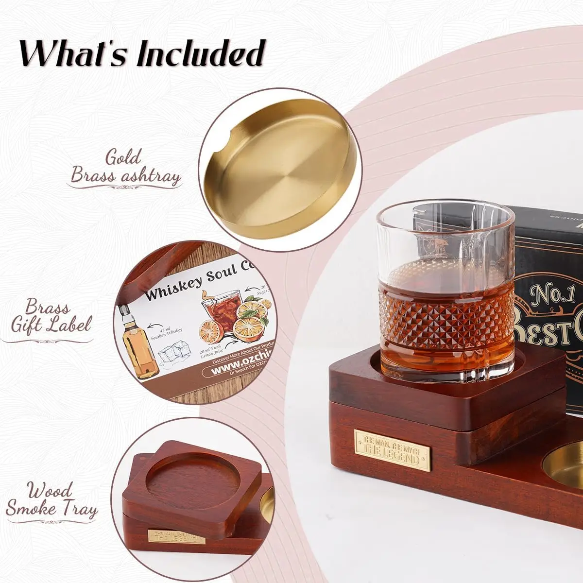 OZCHIN Large Bamboo Box with Combination Lock Decorative Box and Wooden Cigar Ashtray with Whiskey Glass Tray