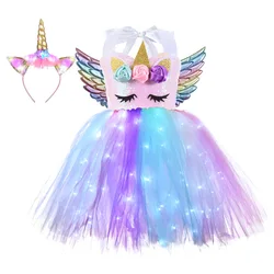 Vibrant Unicorns Dress Up Outfit Multi Colored LED Lights Rainbow Sequin Tulle Girls Tutu Dresses with Colorful Hair Hoop Wings