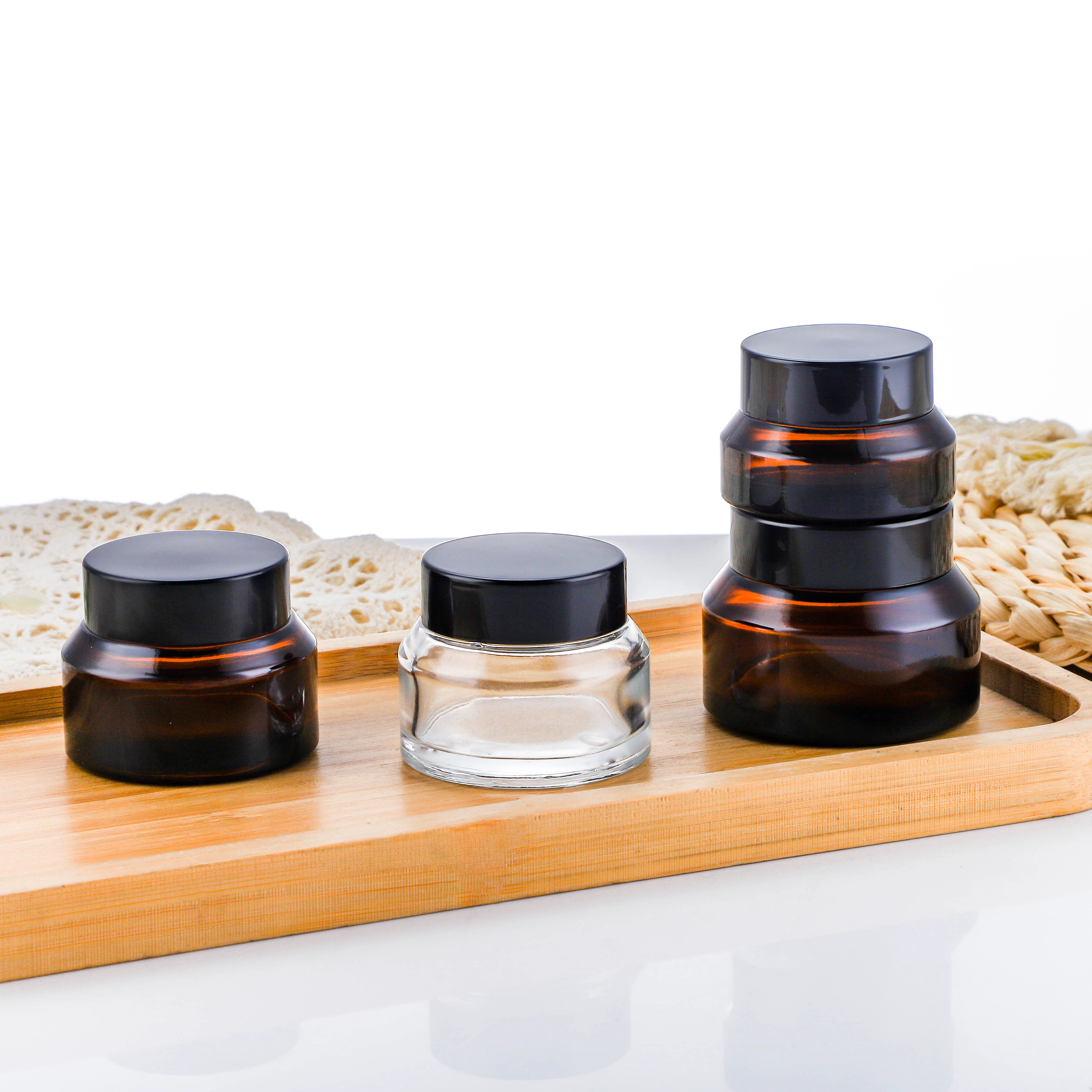 15g 30g 50g Wholesale high-quality empty Amber Glass Cosmetic Face Cream Jar With Plastic Lids