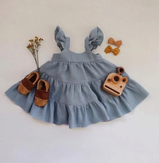 Solid Cotton Linen A-Line Dress for Kids Girls Baby Summer Wedding Birthday Party Casual with Short Ruffles Sleeves Knee-Length