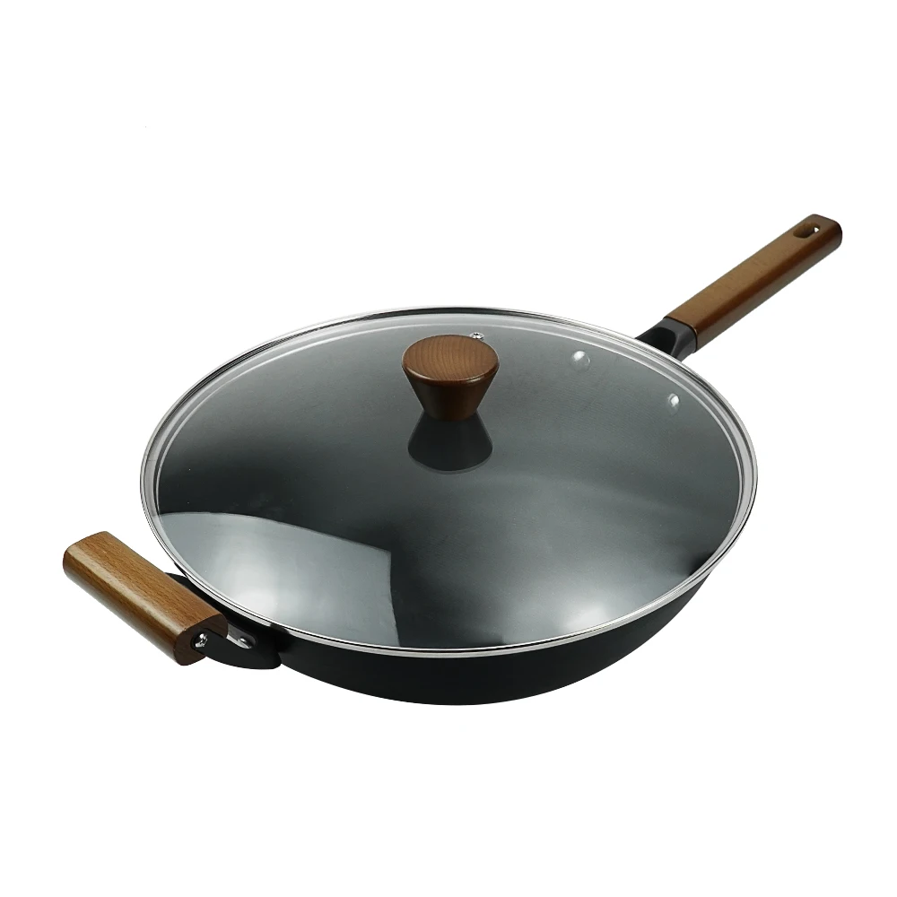 High Quality Nonstick Restaurant Quality Set Traditional Stir Fry Carbon Steel chinese Cast Iron Wok Pan with glass Lid
