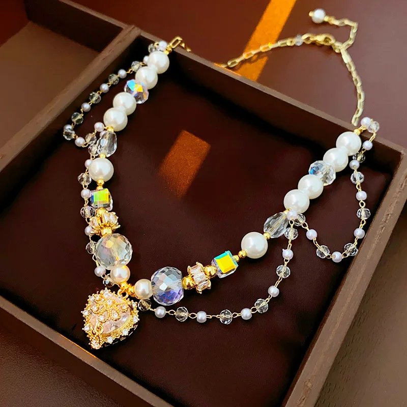 Diamond Heart Pearl Necklace Handmade Crystal Rhinestone Pearl Necklace Gold Plated Love Heart Zircon Water Drop Necklace