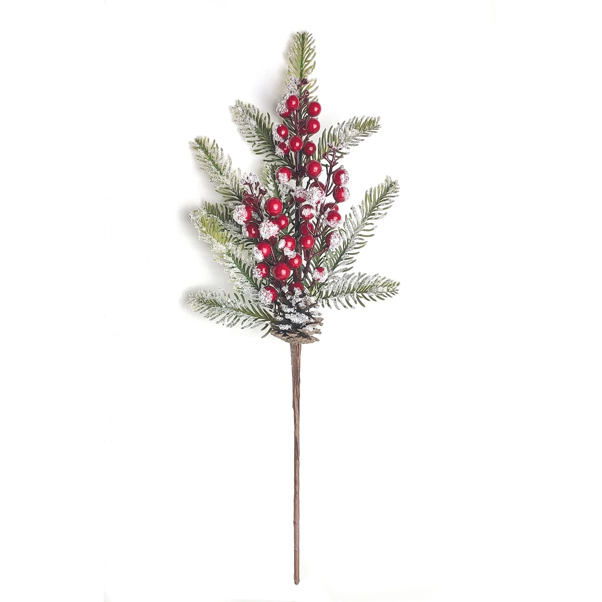 Wholesale Christmas Artificial Stem Berry Pick Xmas Decor Leaf Pick Spray Snow 19 Inch Handmade Berry Pick With Pine Cone Decor
