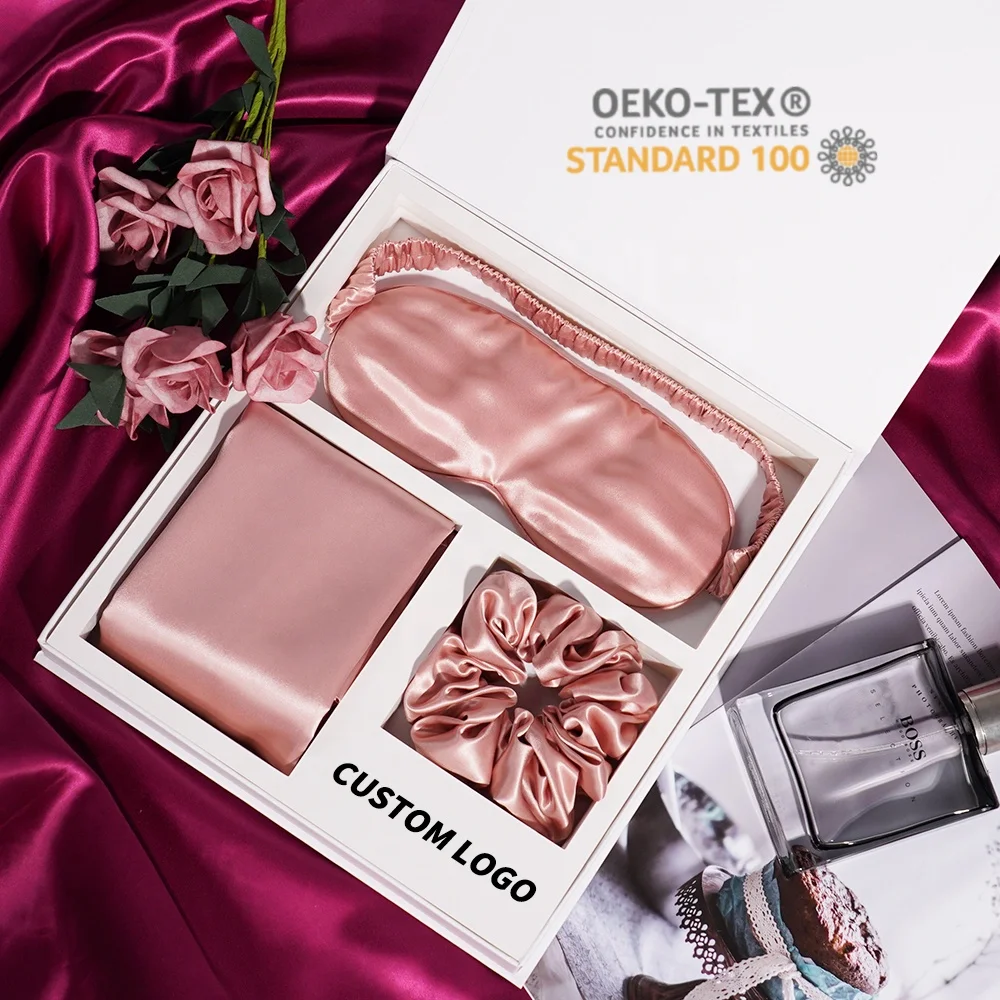 Custom LOGO Luxury Mulberry Pillowcase Silk Eye Mask Pillow case Silk Hair Scrunchies Gift Set Silk Pillow Case Mulberry