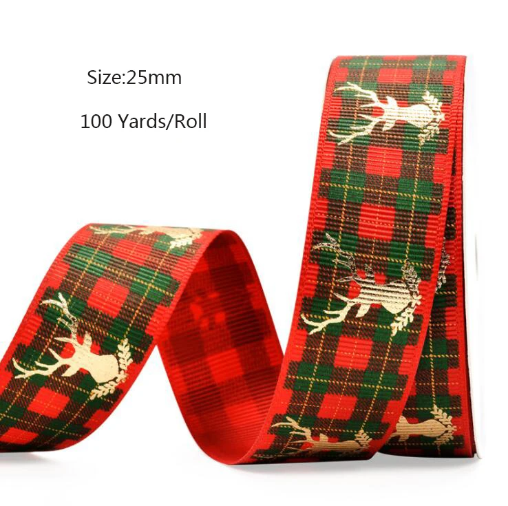 100yards/Roll  25mm Christmas Ribbon Printed  Grosgrain/Polyester Ribbon For Christmas Gift Packing Decoration