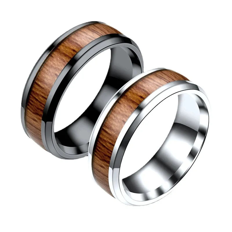 Hot selling 8mm Black Mens Wood Ceramic Ring Wedding Band Polished Brown Wood Inlay Comfort Fit Vintage Titanium Ring