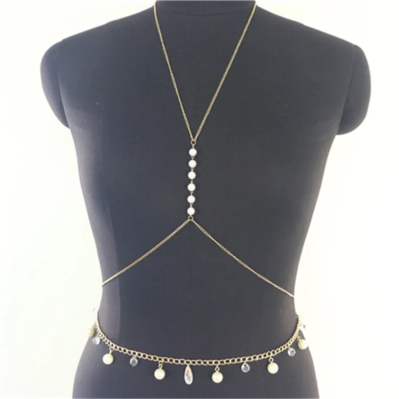 Summer Beach Jewelry Crystal Pearl Waist Chain Popular Harness Crossover Bra Body Chain Belly Waist ChainSummer Beach Jewelry Cr