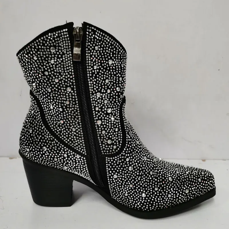 Xinzirain Custom Sparkly Rhie Premium Leather Embellished Low Chunky Heel Ankle Cowboy Boots