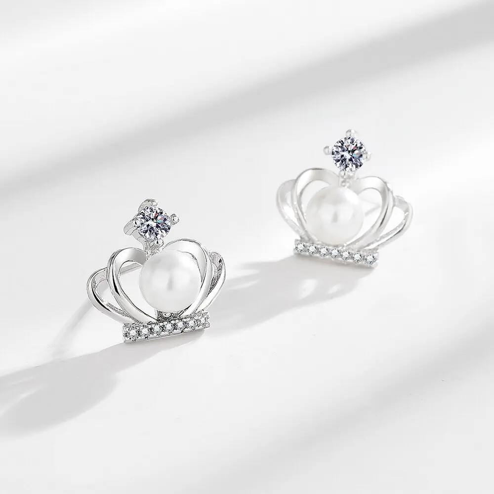 Superior pearl crown micro-inset zircon earrings women all match simple exquisite earrings