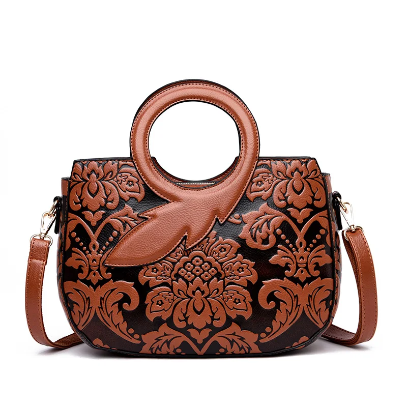 Stylish Vintage large capacity Lady luxury purse women handbag with handle and flower embossed pattern