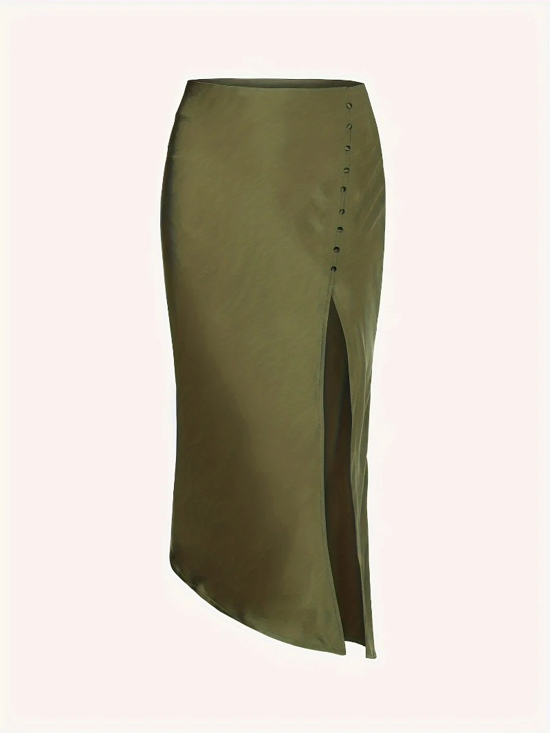 Fashion Solid Color Button Decor Elegant Side Split Satin Skirt Cheongsam Elegant Women French Style Slit Skirts