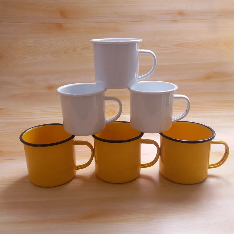 Custom logo enamel white mug, custom steel enamel camping mug, sublimation printing metal enamel cup