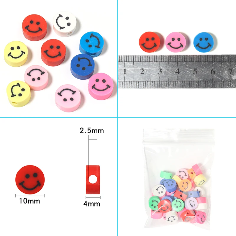 50pcs/bag Flat Round Smiley Face Beads Polymer Clay Beads Loose Spacer Beads for DIY Jewelry Making