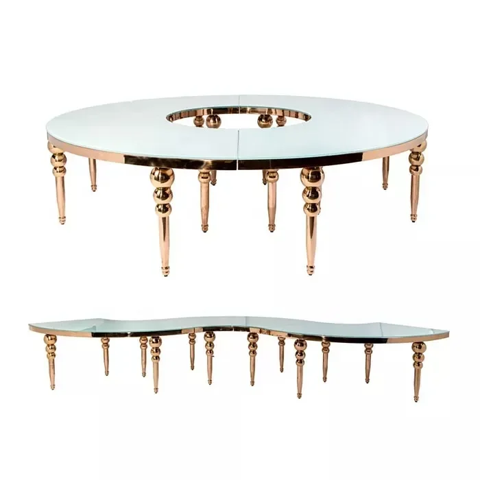 China Manufacturer supplier luxurious MDF glass table top stainless steel base half moon wedding banquet dining table