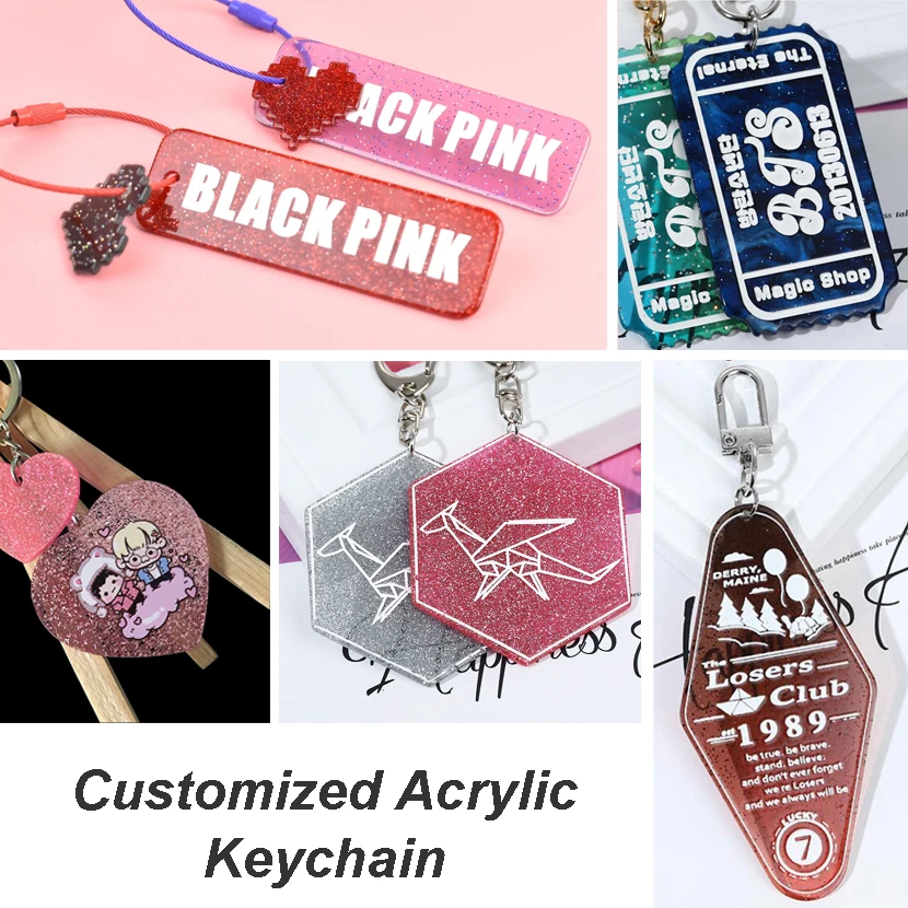 
Wholesale Custom Plastic Acrylic Glitter Key chain Print LOGO Acrylic Charm Keyring Motel Hotel Key Tag Keychain 