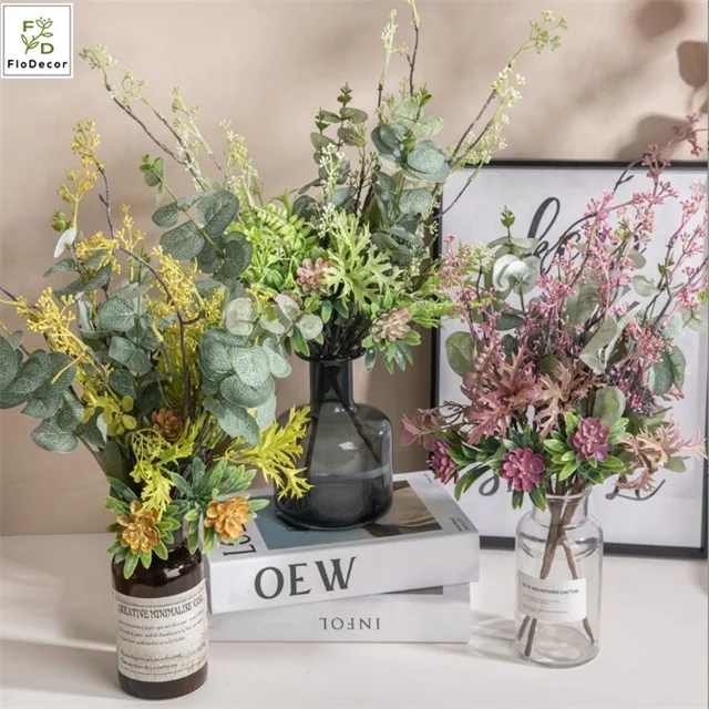 Wholesale Hot Sale Artificial Herbal Leaves Stem Branch Plastic Leaves Green Foliage For Flower Arranging Frosted