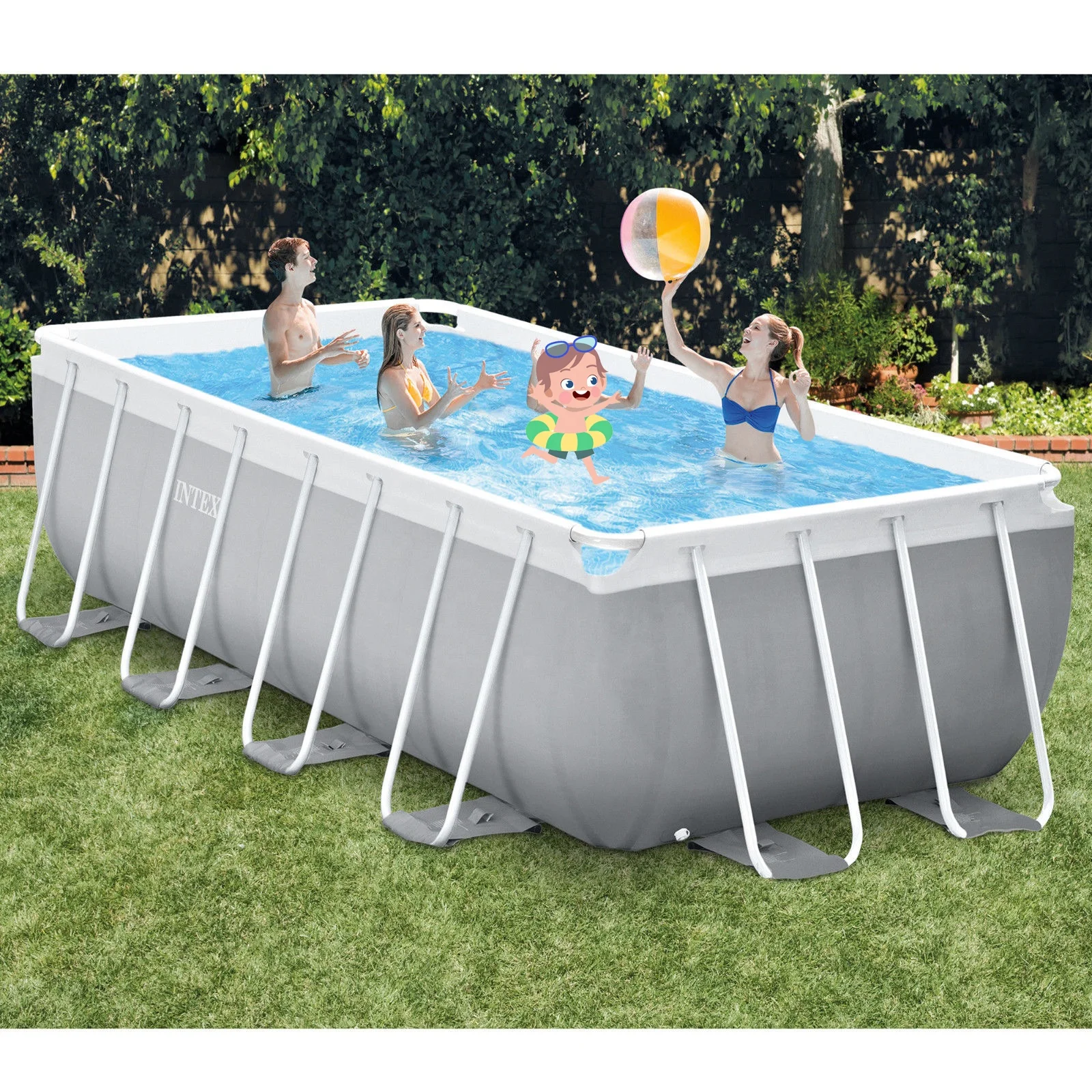 INTEX 26788 Family Rectangular Prism Frame Outdoor Above Ground Swimming Pool Set