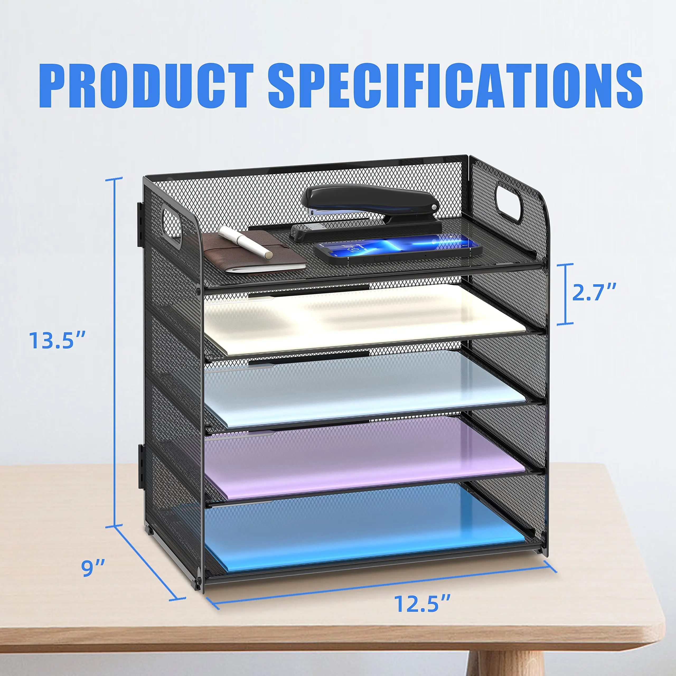 5 Trays Paper Organizer with Handle - Mesh Desk File / Letter Organizer,Black Paper Sorter for Office,Home or School