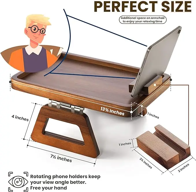 Wholesale Custom Wooden Serving Tray Sofa Armrest Food Storage with Mobile Phone Holder for Food Storage and Table Use