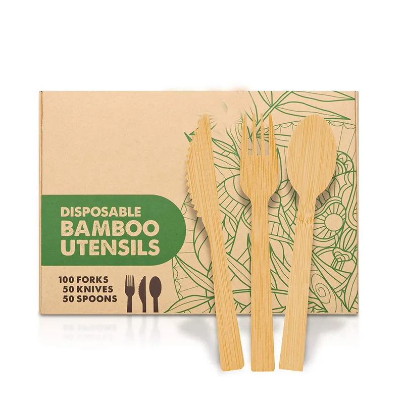 Restaurant Take out Custom Kitchen eco cutlery Travel Handle Disposable  Bamboo Fork Spoon Knife Set