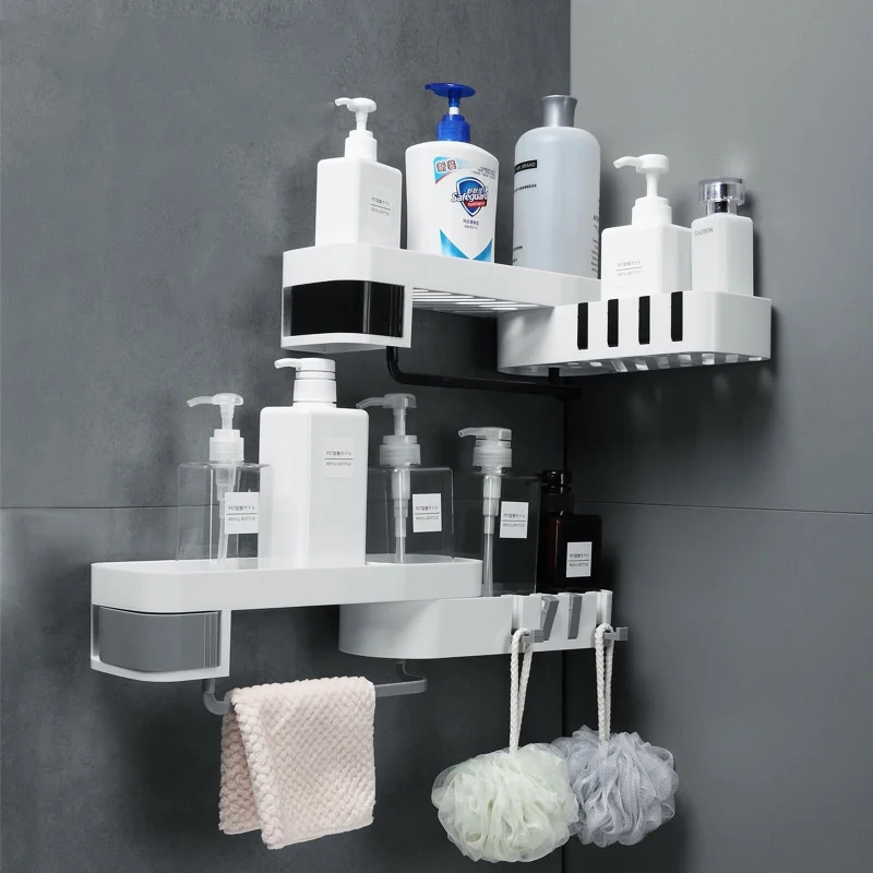 Bathroom No Drilling Plastic Wall Hanging Storage Shelf With 4 Hooks Shower Corner Shelf