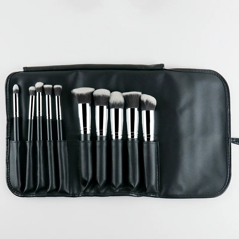 Custom Logo Cosmetic Make Up Brush Kit Cruelty Free 10pcs Classic Black Wood Handle Vegan Hair Makeup Brush Set