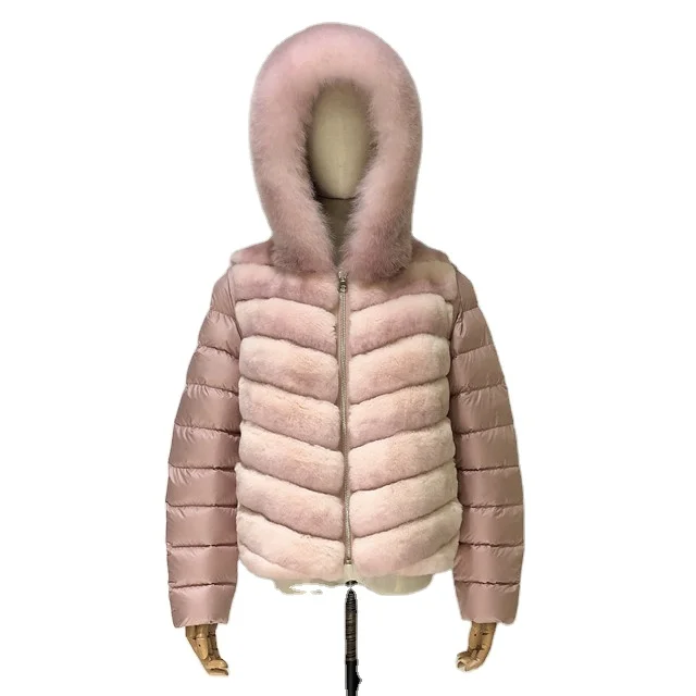 New Design Sleeve Detachable Real Rex Rabbit Fur Fox Hood Trim Reversible Fur coat women