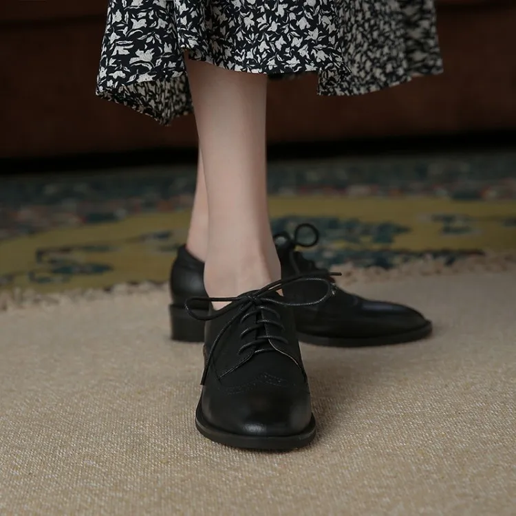 Cialisa Handmade Genuine Leather Ladies Flats Perforated Lacing Up Pointed Toe Low Heels Womens Wingtip Oxford Shoes