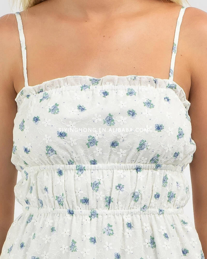 2024 Custom Summer Floral Print Dress For Women Linen Lace Insert Ruffle He Beach Backless Elegant PartyShort Mini Cami Dress