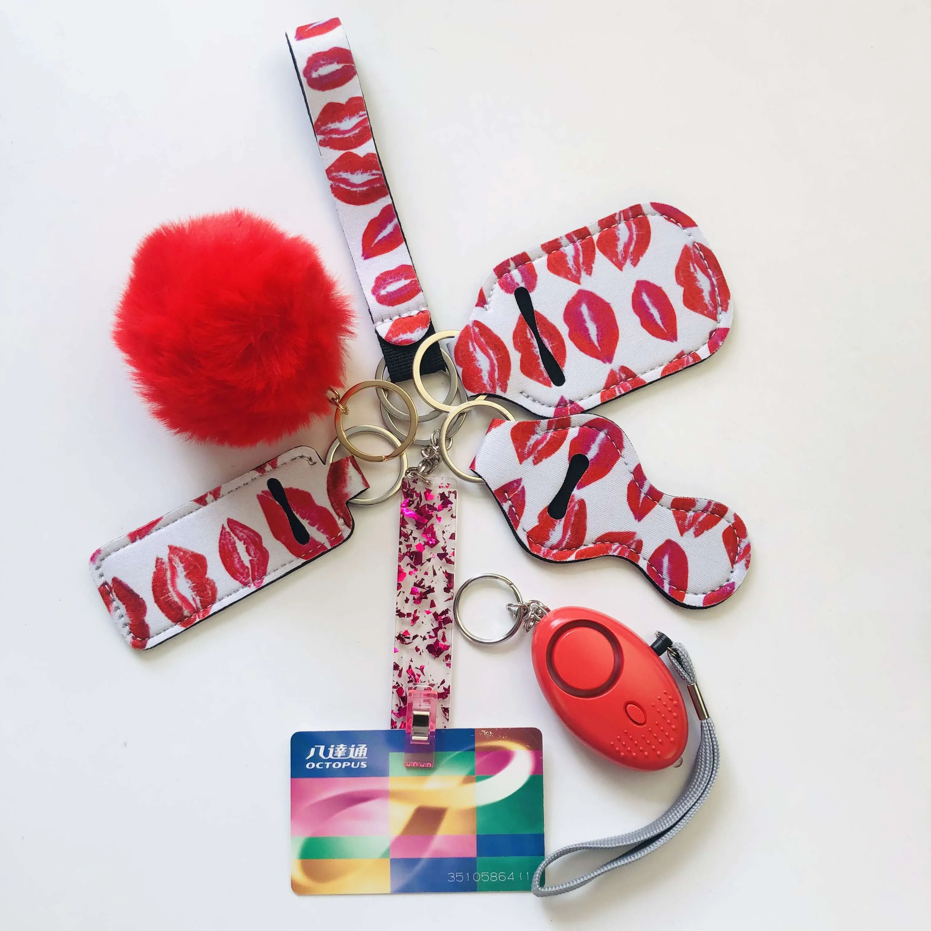 safety keychain supply self defense keychain pom pom fur ball wristlet card grabber keychain- 6/8/9/10pcs set