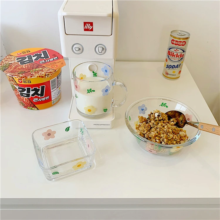 Japanese Style Cute Design Printing Handmade High Quality Transparent Kitchen Glassware Sets Home Food Plate Sets
