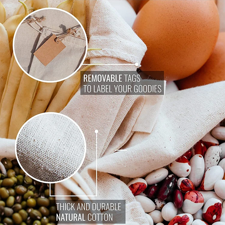 12 Pcs Reusable Muslin Storage Canvas Organic Cotton Bags with Drawstrings Biodegradable Fabric Bags - Snack Bags