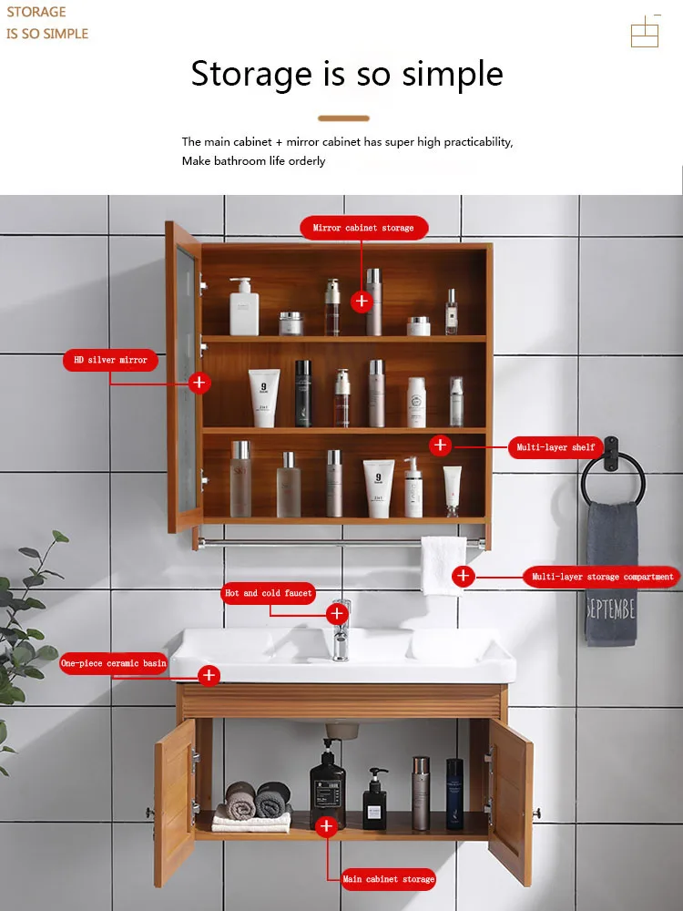 Space aluminum bathroom cabinet combination wash basin vanity mirror cabinet modern and simple