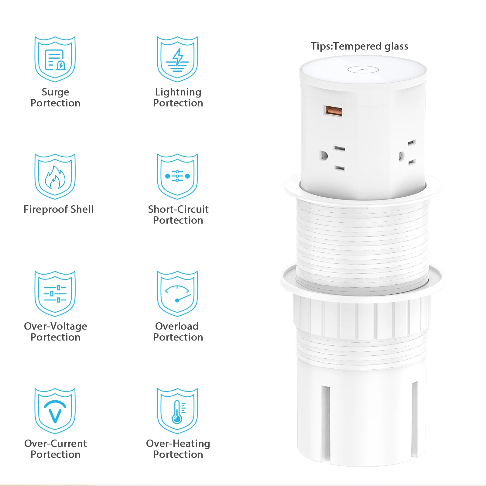 85mm Recessed Pneumatic Lift Pop Up Socket Retractable 4 AC Power Pop-Up Desktop Outlet Socket with 15W Wireless Charger