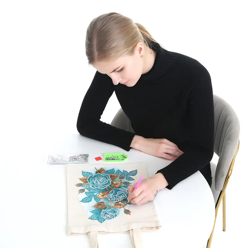 Fashion Shopping Bag DIY Sticker Diamond Painting Rose Flower Art Crystal Tote Bag Advertising Canvas Bag Embroidered Handbag