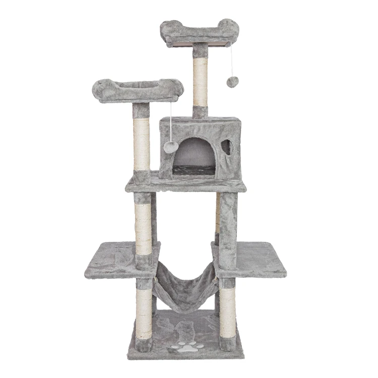 Custom Wooden Double Luxury House & Furniture Condo Cat Pole Wood Tower Sisal Fabric Scratch Cat Post Tree with Toy Ball