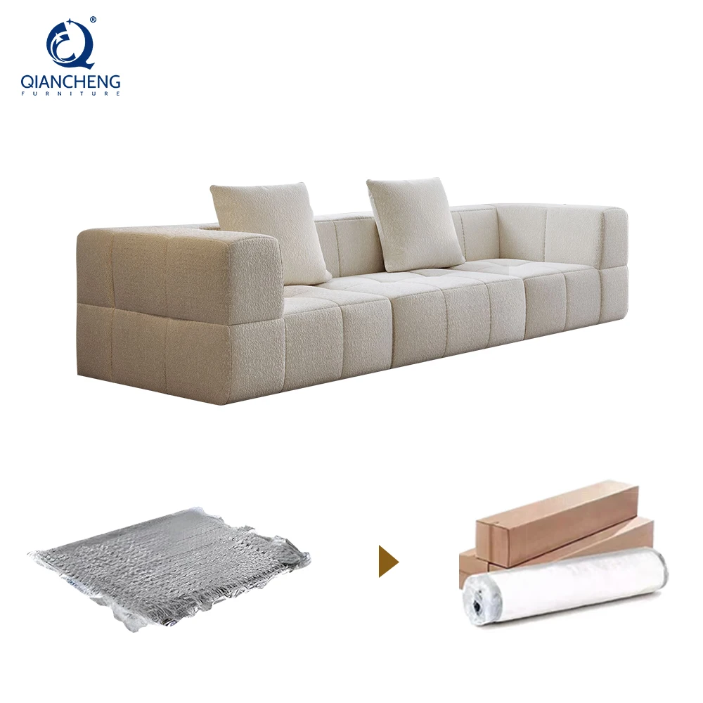 customize compressed-sofa couch set living room furniture in china white fabric vacuum high density foam compression packed sofa