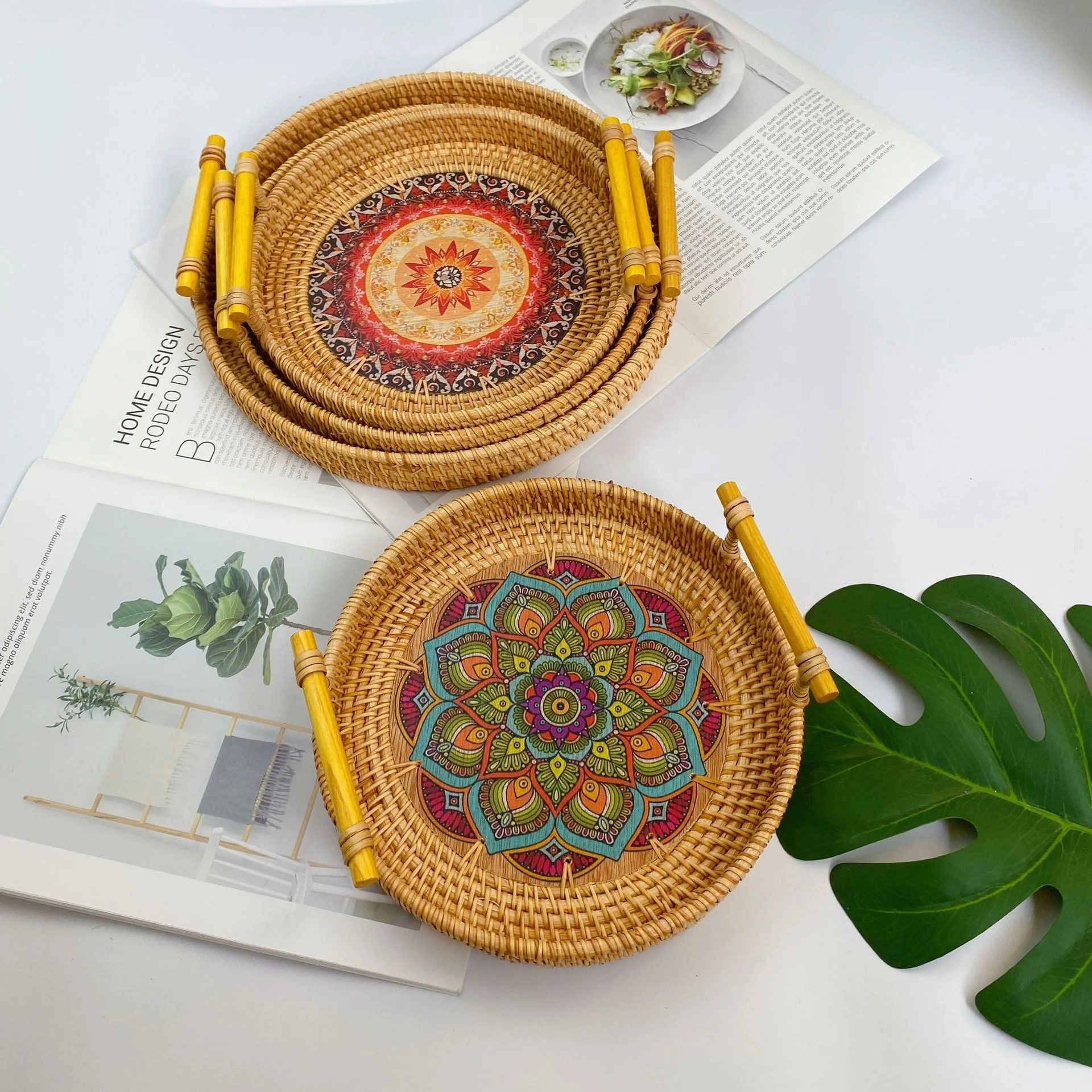 Serving Coffee Table Decorative Basket Colorful Vietnam Vintage New Design Rattan Woven Round Tray