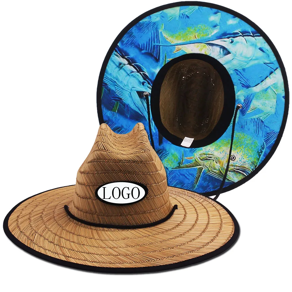 Custom Logo Spring Summer Unisex Sun-proof Casual Lifeguard Straw Beach Hat with Big Brim Printed Grass Paste Bahamas Wholesale
