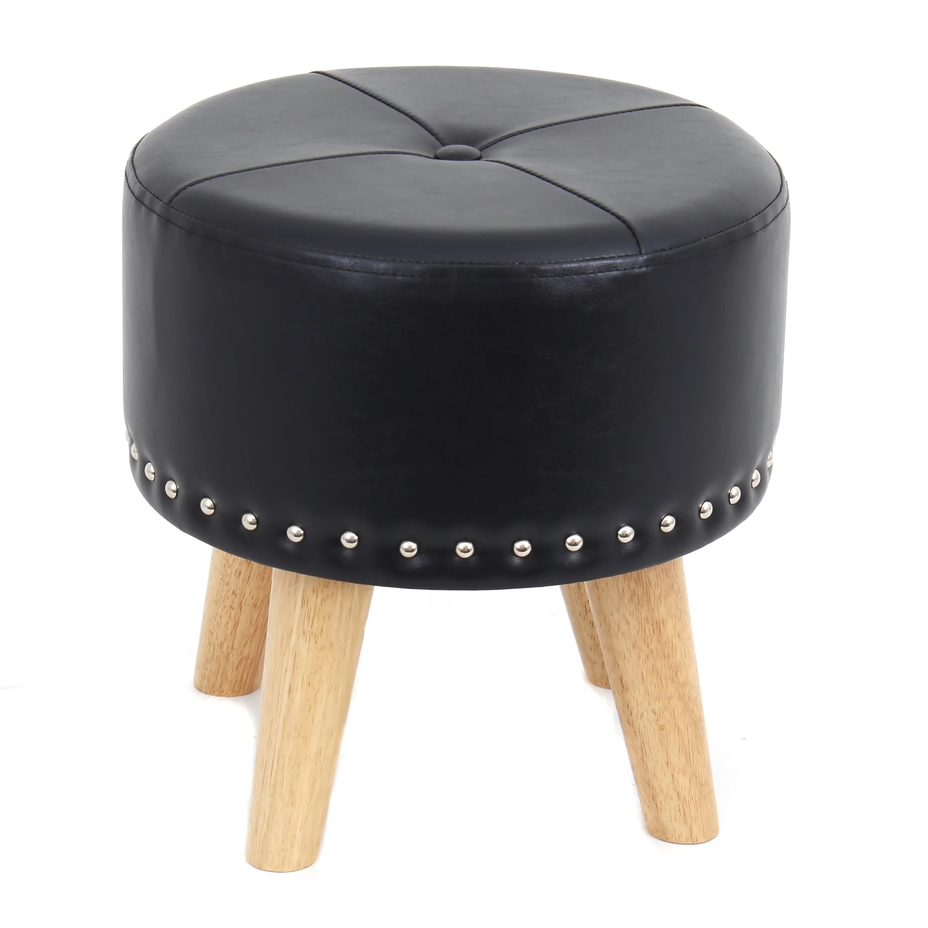 Customized black faux leather round stool ottoman with wooden legs for living room