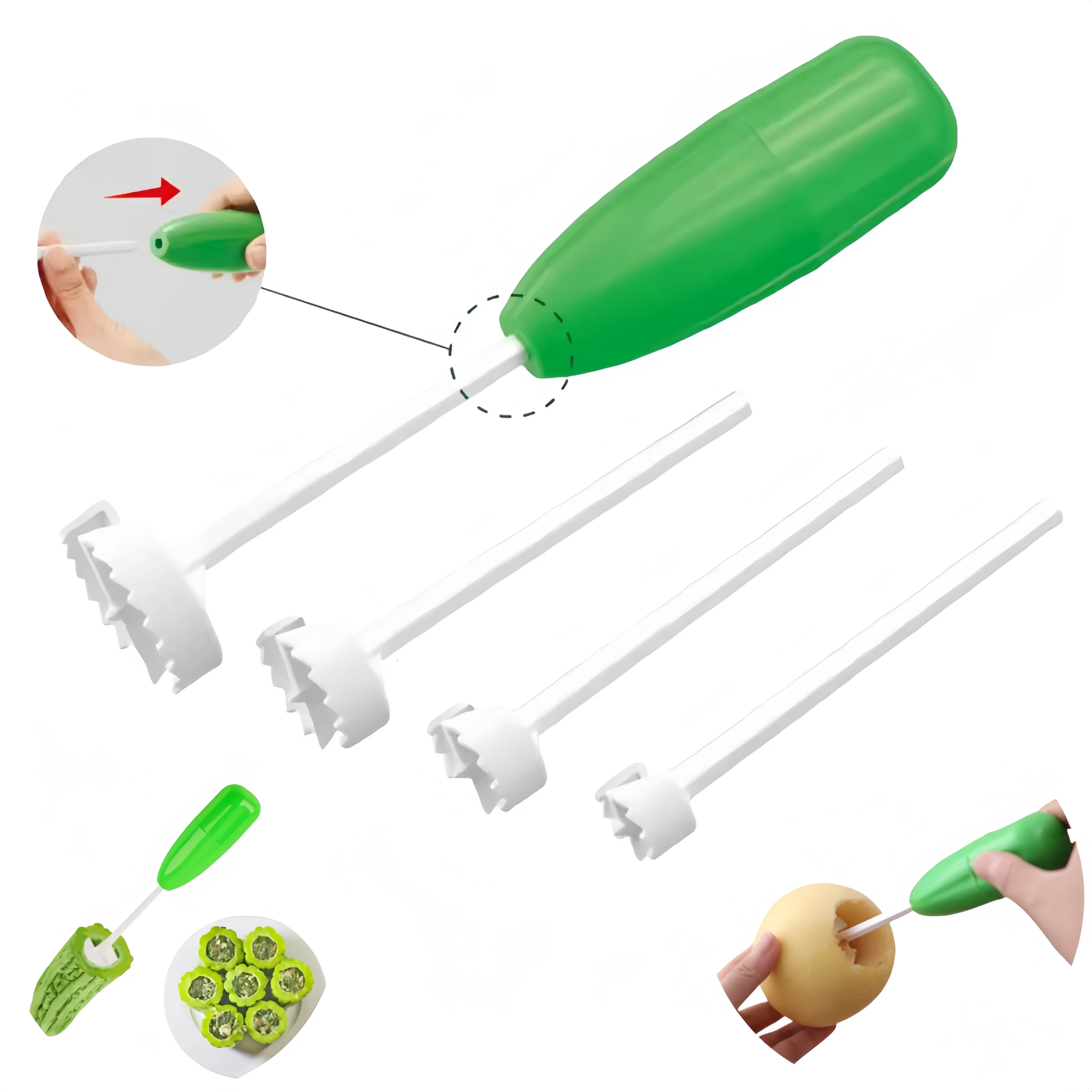 Multifunction Spiralizer Pedicure Corer Hole Digger 4Pcs/Set Replaceable Digging Head Fruit & Vegetable Corer Meat Filling Tool