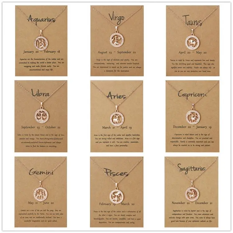 Rose Gold Plated Zodiac Necklace Chain Round 12 Horoscope with Card Pendant Zodiac Sign Jewelry For Women