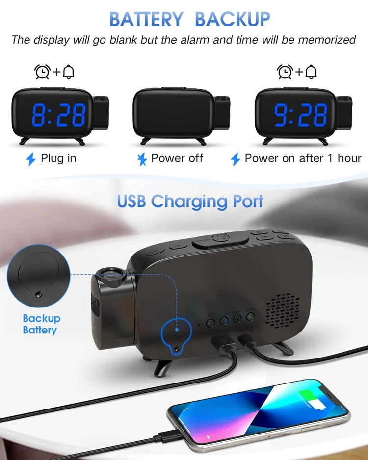 New Mold Usb Rechargeable Digital Alarm Clock Fm Radio With Phone Charging And Projection