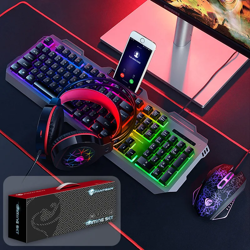 Metal panel with backlit wired keyboard mouse headset mouse pad four-piece office game set 4 in 1 mechanical keyboard