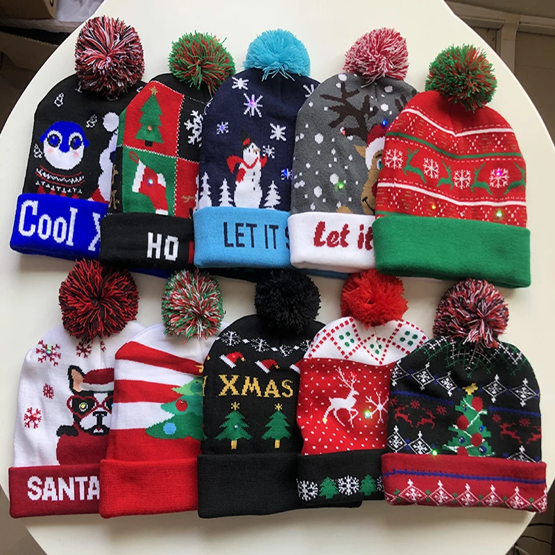 Оптовая продажа, рождественские шапки со светодиодной подсветкой, шапки, праздничная вязаная шапочка