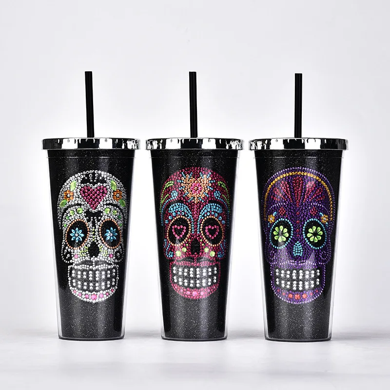 Wideal Amazon 16oz Plastic Tumbler Cups with Lid and Straw Mug Reusable Tumbler Clear Acrylic Halloween skulls  Skinny Tumbler