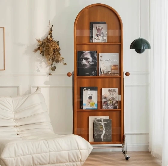 Modern Designer MDF Mirror with Antique Magazine Rack Full-Length Movable Multifunctional Newspaper Stand for Dressing Wall Use