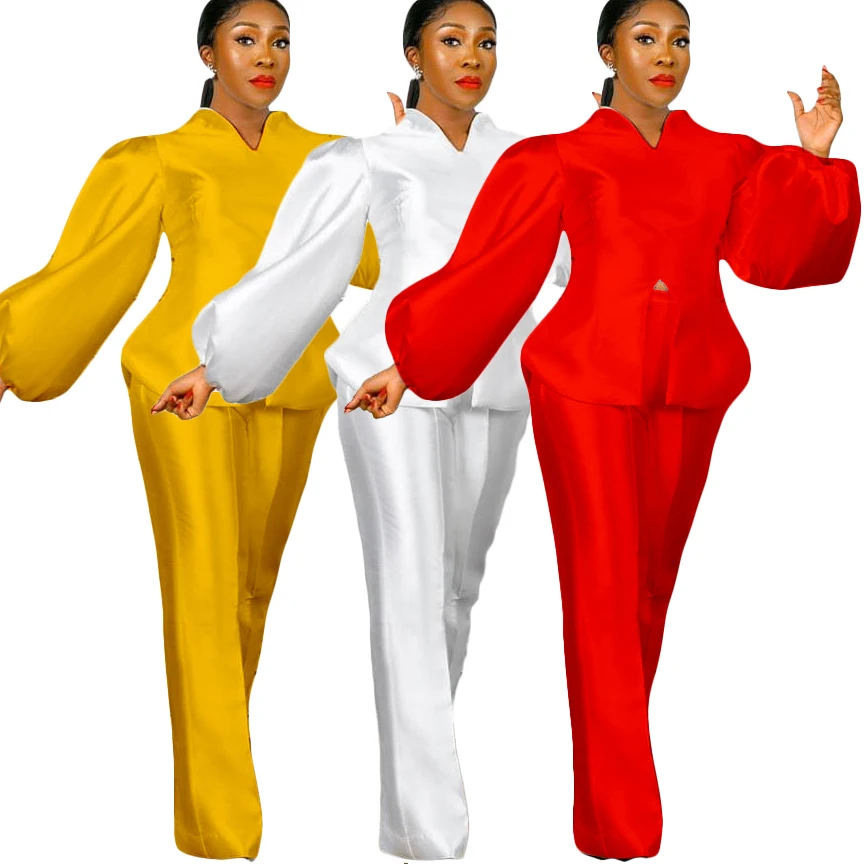 D3069 New Design Solid Color Puff Sleeve Top Wide Leg Trousers Two Piece Pants Set Women Office Dress